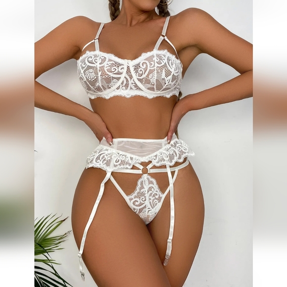 Womens Sexy Lingerie Lace Bra Panty Mesh Underwear Sleepwear Bra Garter Belt Set - Picture 1 of 5